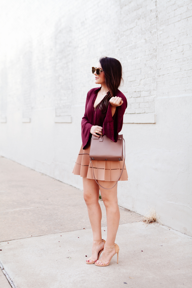 Bell Sleeve top with camel flare skirt on Kendi Everyday