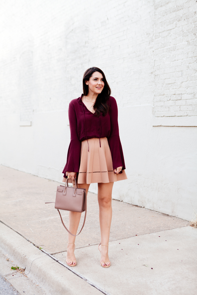 Bell Sleeve top with camel flare skirt on Kendi Everyday