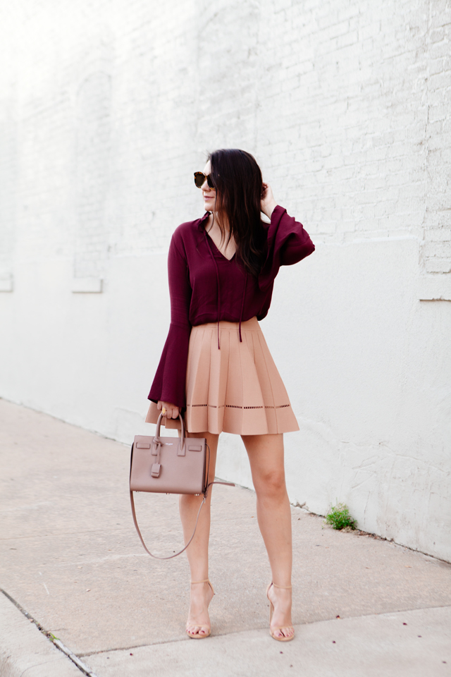 Bell Sleeve top with camel flare skirt on Kendi Everyday
