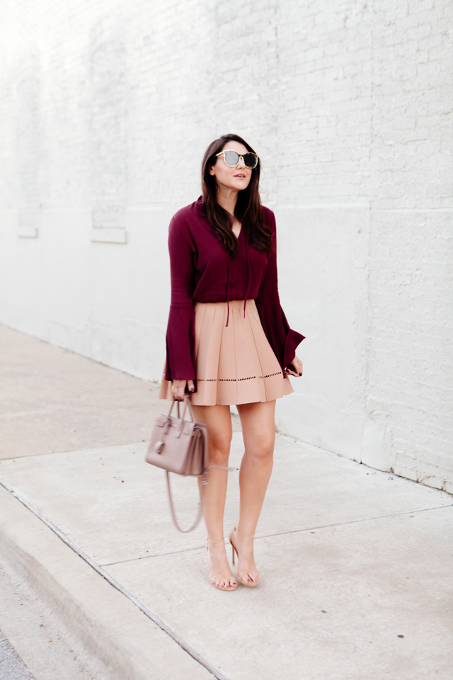 Bell Sleeve top with camel flare skirt on Kendi Everyday