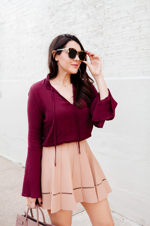 Bell Sleeve top with camel flare skirt on Kendi Everyday