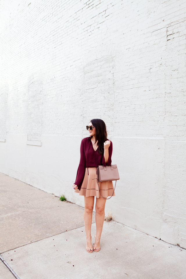 Bell Sleeve top with camel flare skirt on Kendi Everyday