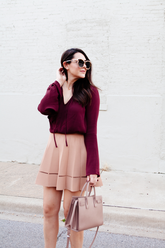 Bell Sleeve top with camel flare skirt on Kendi Everyday