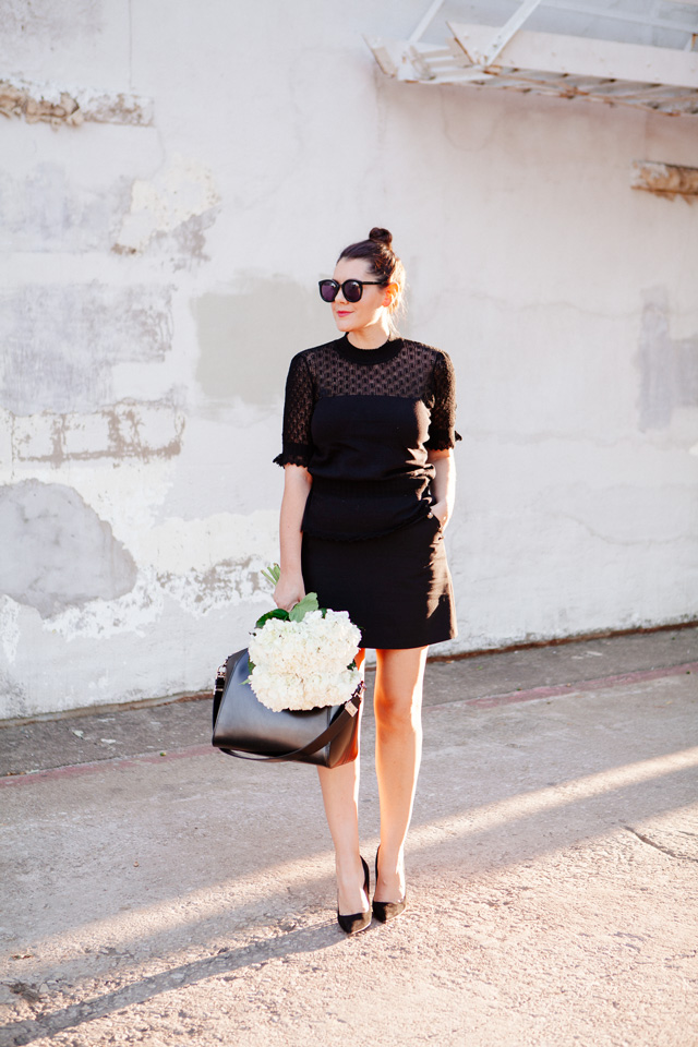 Lace knit top with black skirt on Kendi Everyday.