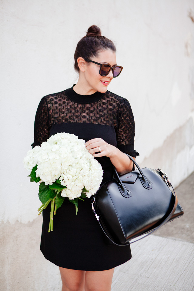 Black lace top with white hydrangeas