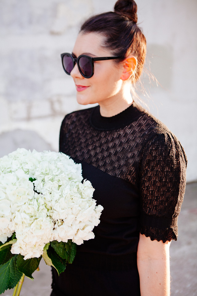 Lace knit top with black skirt on Kendi Everyday.