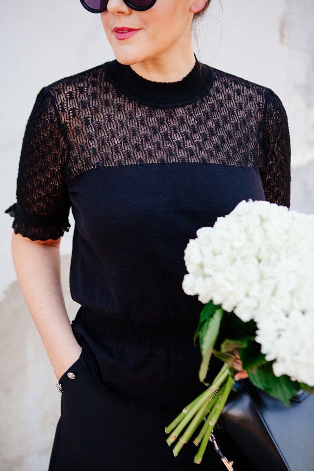 Black lace top with white hydrangeas