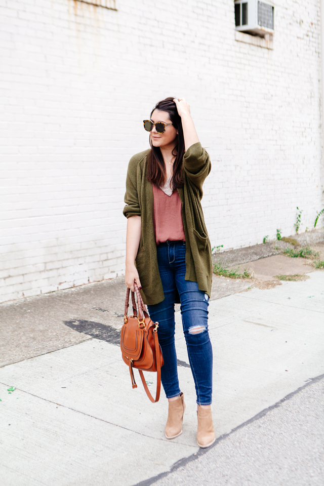 Olive oversized cardigan with rose camisole on Kendi Everyday.