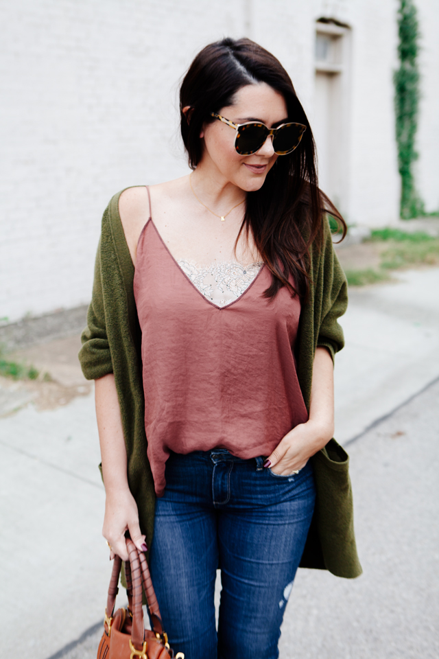 Olive oversized cardigan with rose camisole on Kendi Everyday.