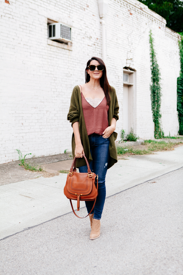 Olive oversized cardigan with rose camisole on Kendi Everyday.