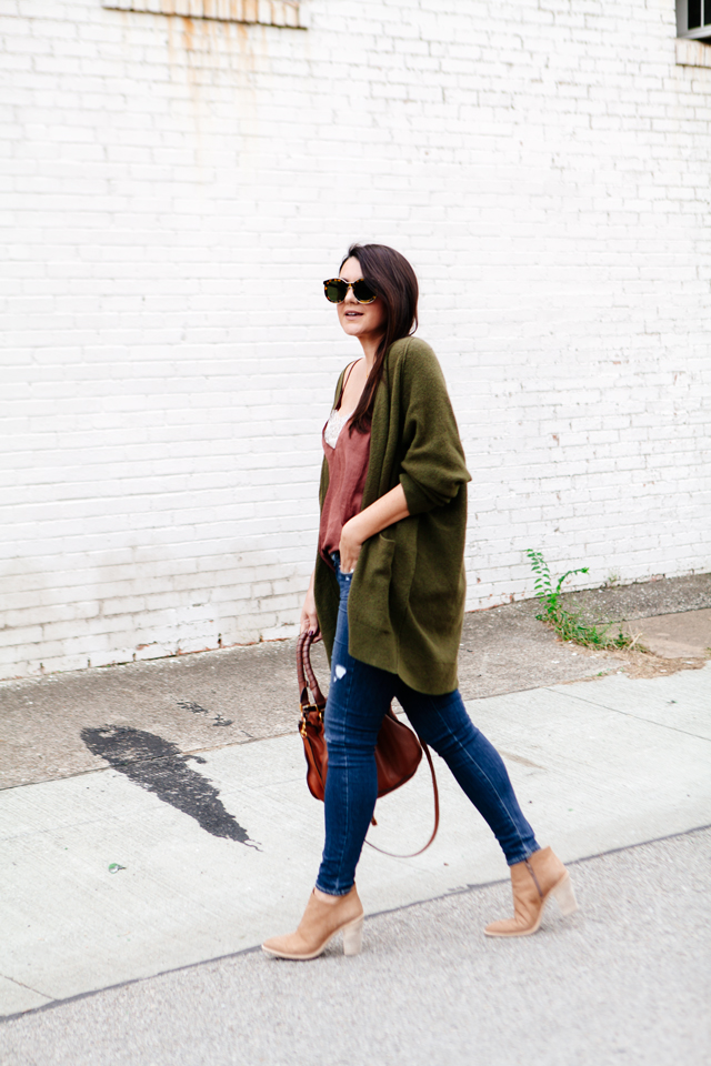 Olive oversized cardigan with rose camisole on Kendi Everyday.