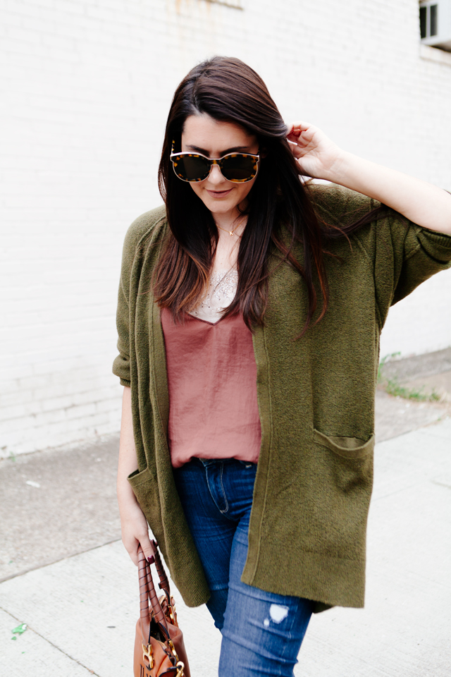 Olive oversized cardigan with rose camisole on Kendi Everyday.