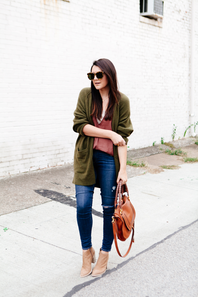 Olive oversized cardigan with rose camisole on Kendi Everyday.