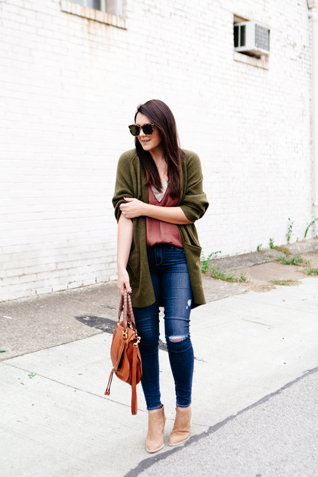 Olive oversized cardigan with rose camisole on Kendi Everyday.