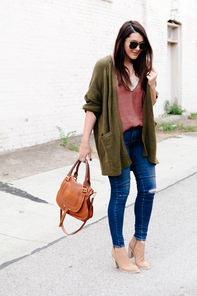 Olive oversized cardigan with rose camisole on Kendi Everyday.