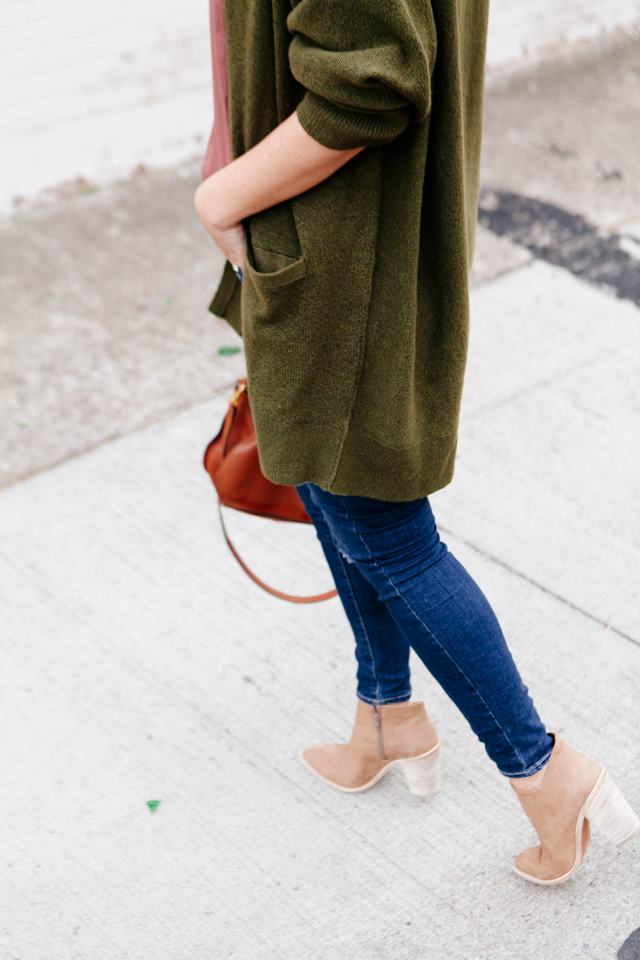 Olive oversized cardigan with rose camisole on Kendi Everyday.