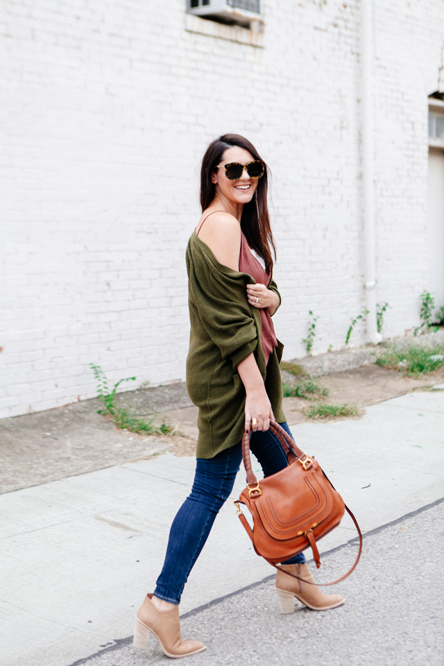 Olive oversized cardigan with rose camisole on Kendi Everyday.