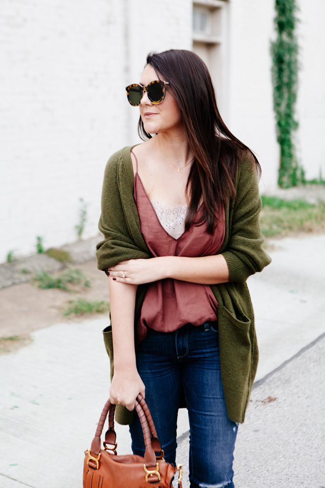 Olive oversized cardigan with rose camisole on Kendi Everyday.