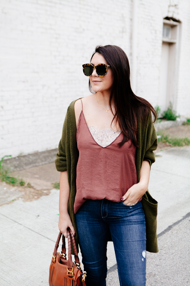 Olive oversized cardigan with rose camisole on Kendi Everyday.