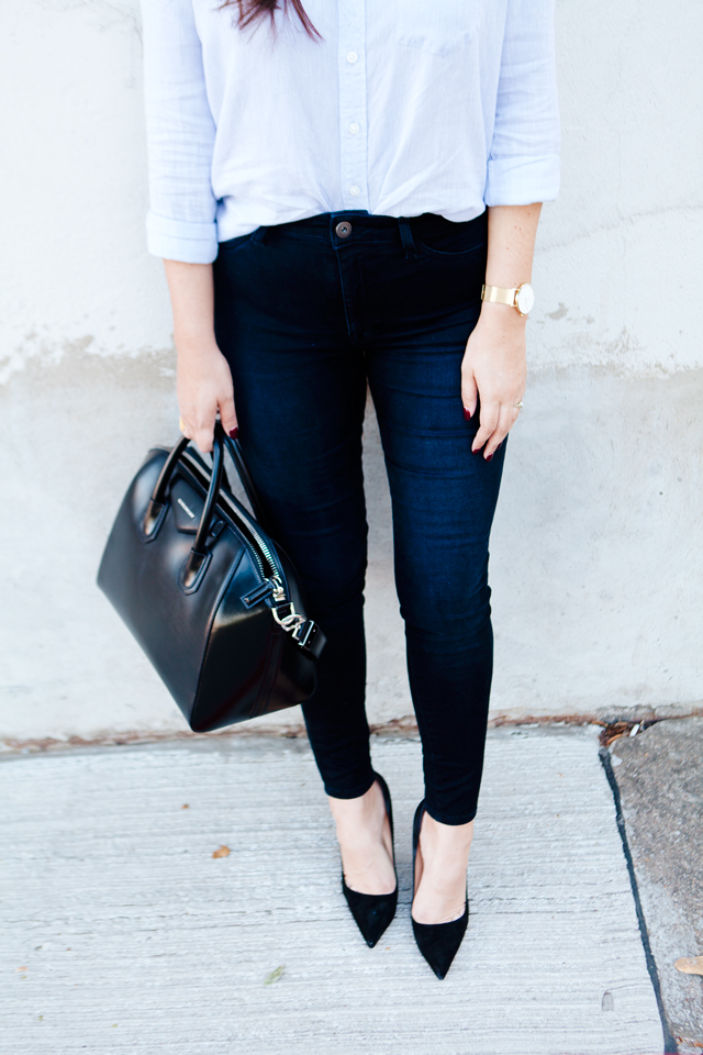 Button down blouse and skinny jeans on Kendi Everyday