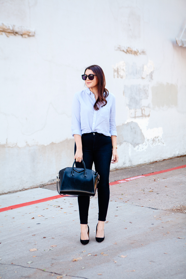 Button down blouse and skinny jeans on Kendi Everyday