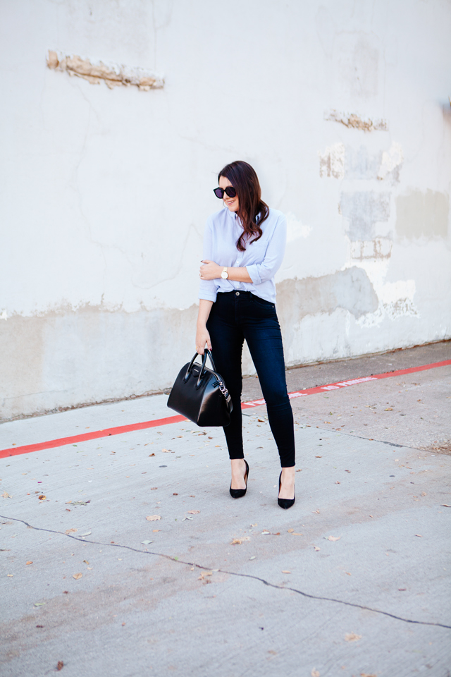 Button down blouse and skinny jeans on Kendi Everyday