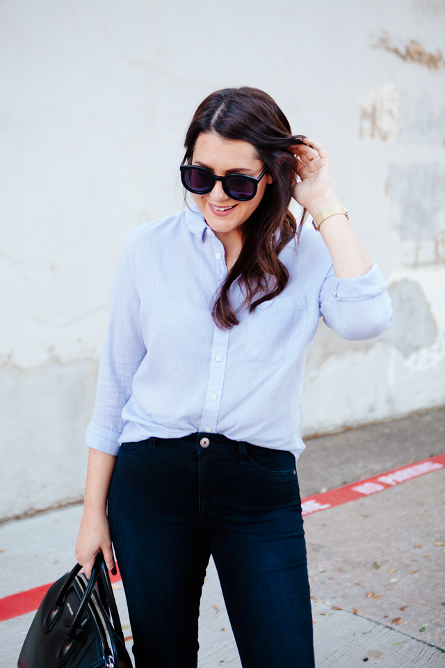 Button down blouse and skinny jeans on Kendi Everyday