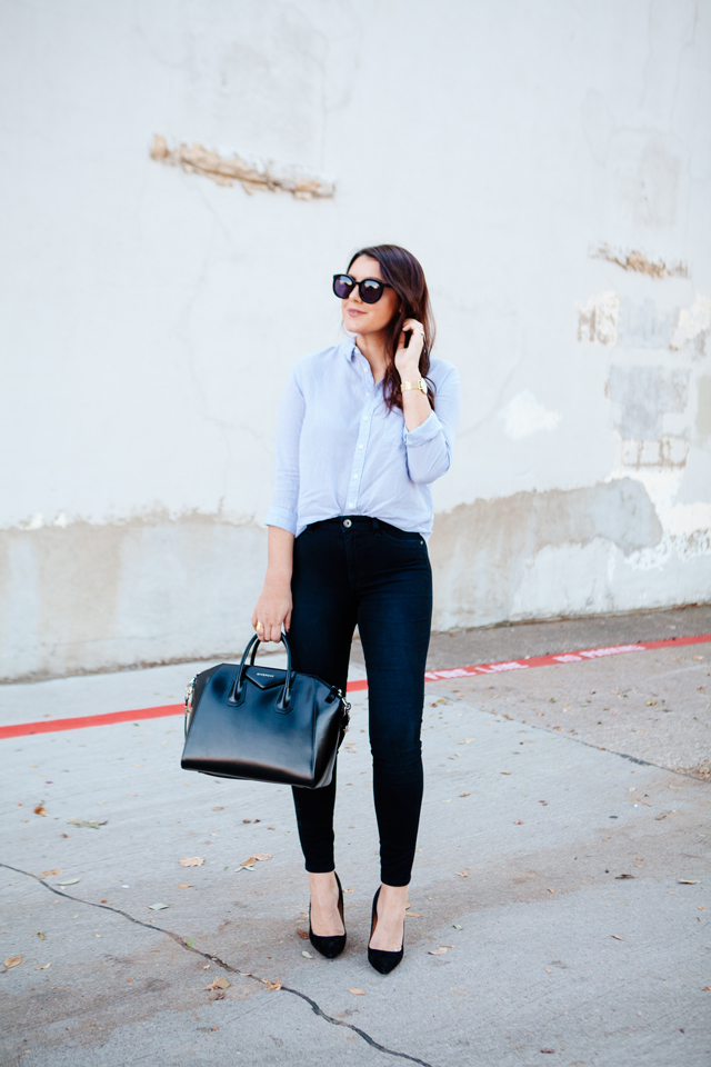 Button down blouse and skinny jeans on Kendi Everyday