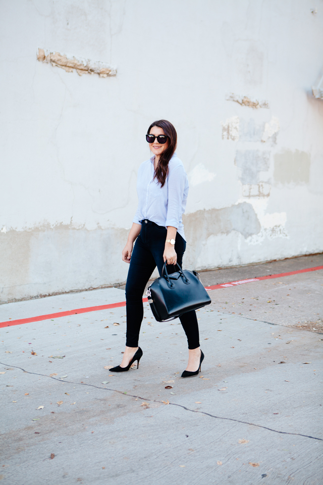 Button down blouse and skinny jeans on Kendi Everyday