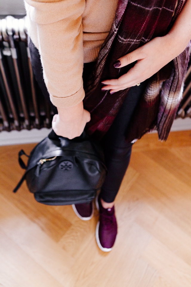 Tory Burch Pebble Leather Backpack, plaid scarf and purple nikes on Kendi Everyday