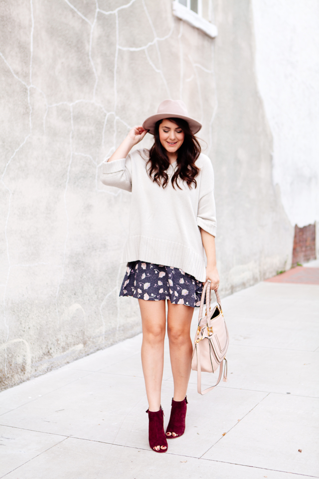 Floral mini skirt and oversized sweater from LOFT. 