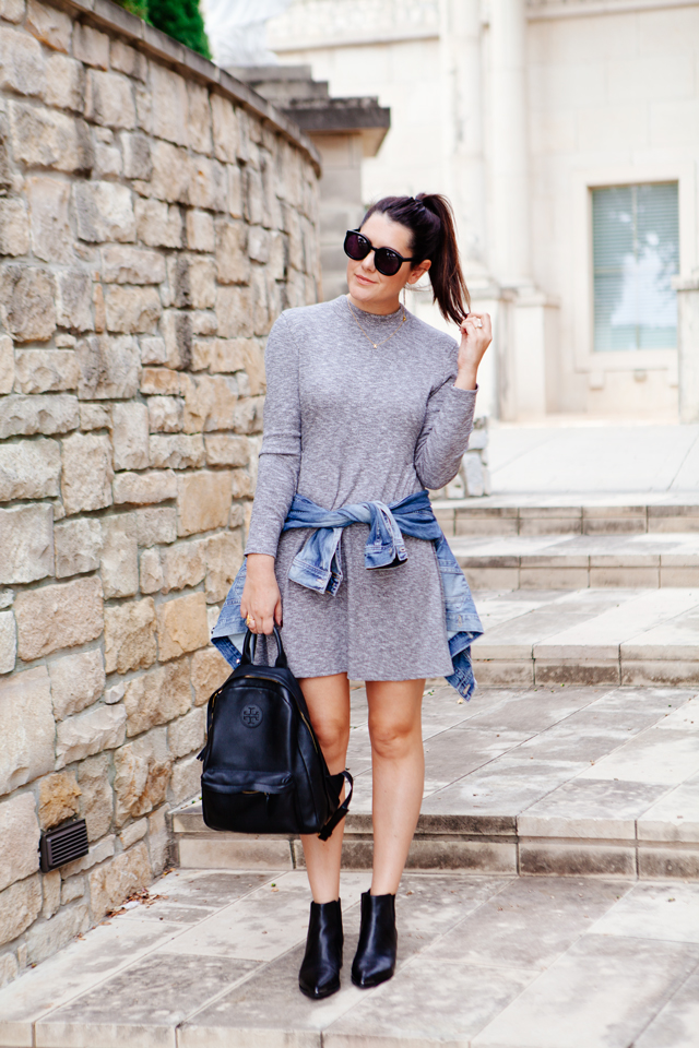 Knit Madewell dress with black chelsea boots and Tory Burch Leather Backpack.