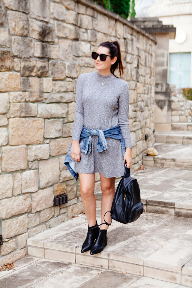 Knit Madewell dress with black chelsea boots and Tory Burch Leather Backpack.