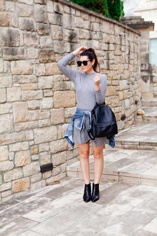 Knit Madewell dress with black chelsea boots and Tory Burch Leather Backpack.