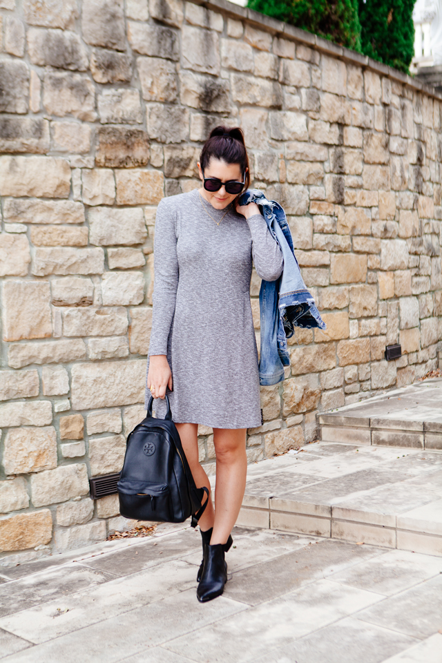 Knit Madewell dress with black chelsea boots and Tory Burch Leather Backpack.