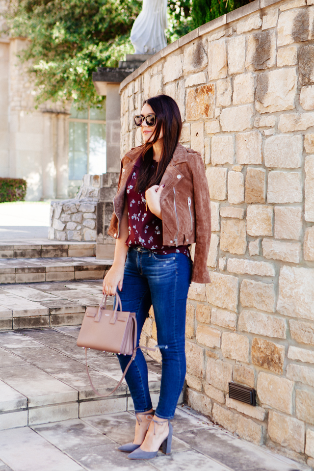 Floral blouse and suede jacket on Kendi Everyday.