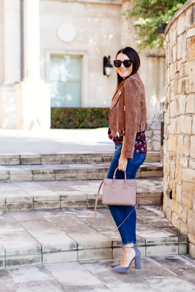 Floral blouse and suede jacket on Kendi Everyday.