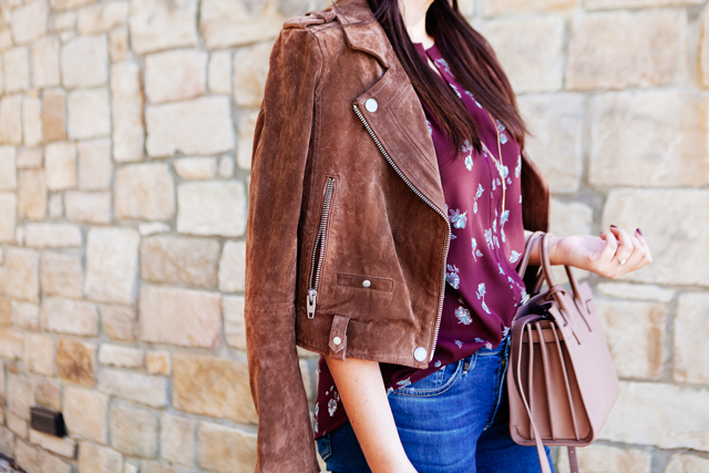 Floral blouse and suede jacket on Kendi Everyday.