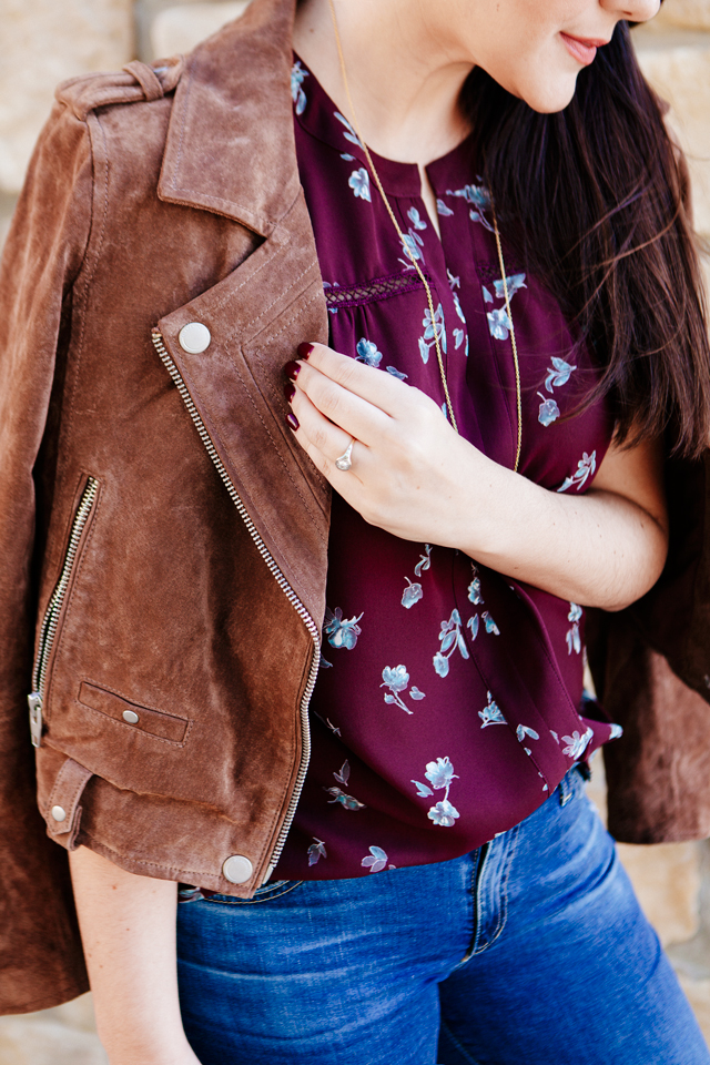 Floral blouse and suede jacket on Kendi Everyday.