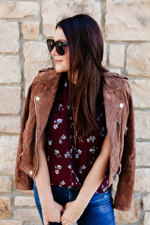 Floral blouse and suede jacket on Kendi Everyday.