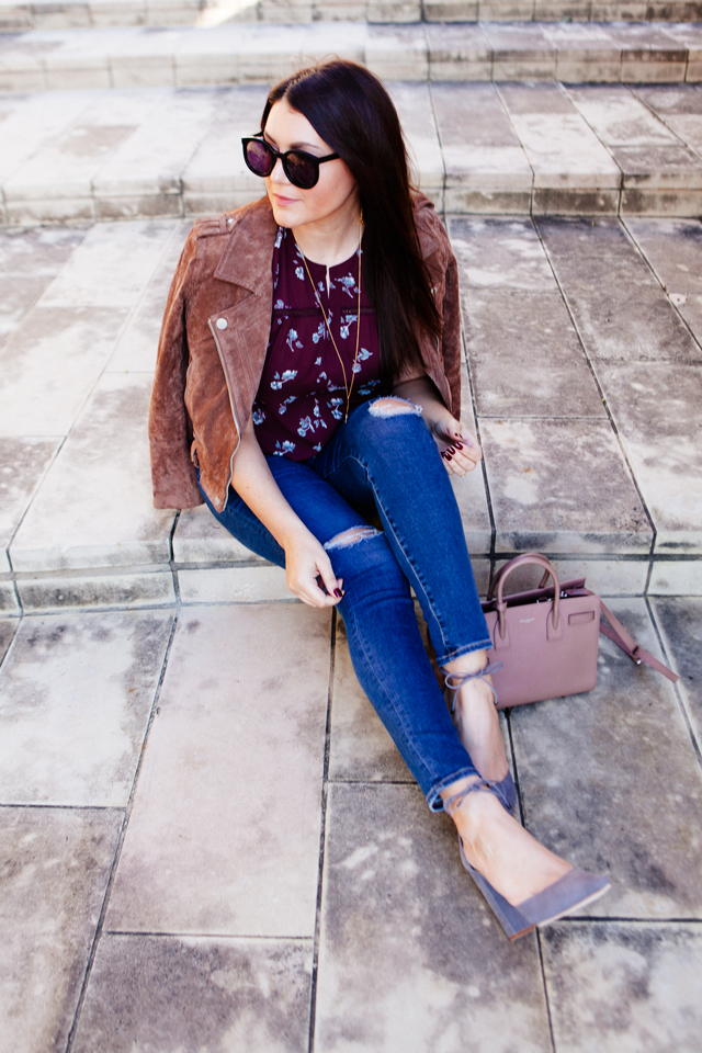 Floral blouse and suede jacket on Kendi Everyday.