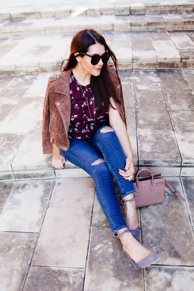Floral blouse and suede jacket on Kendi Everyday.