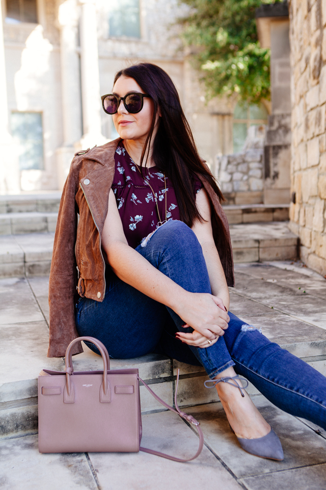 Floral blouse and suede jacket on Kendi Everyday.