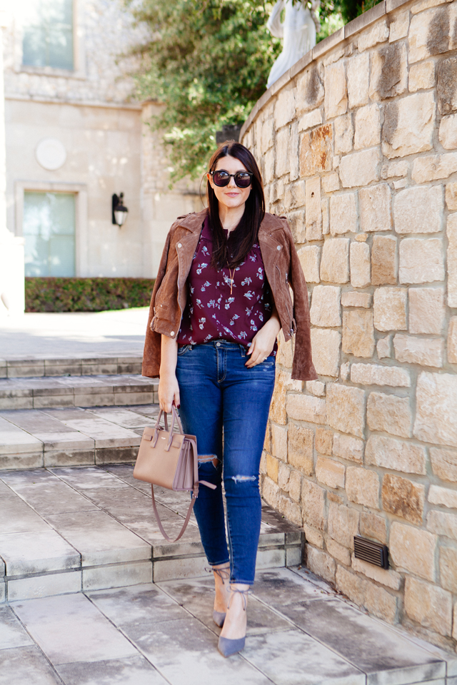 Floral blouse and suede jacket on Kendi Everyday.