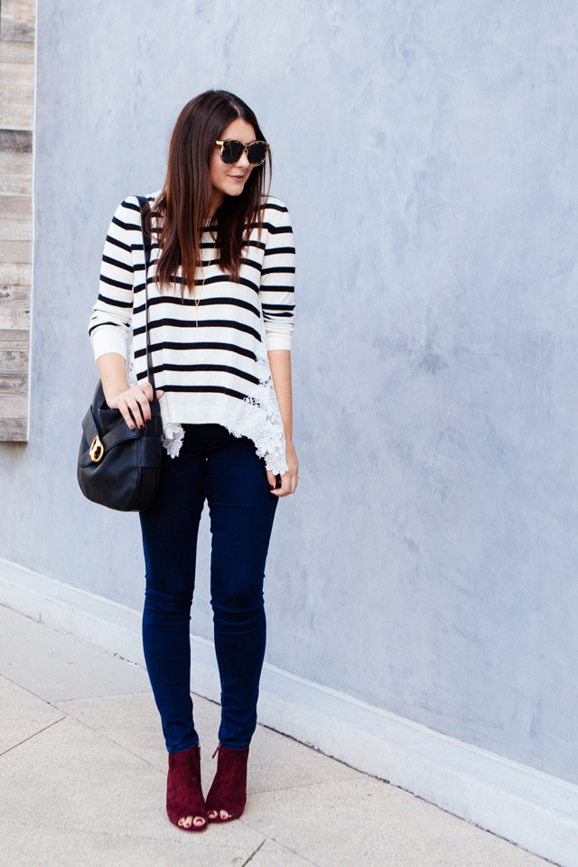 Striped lace sweater with skinny denim and burgundy booties. 