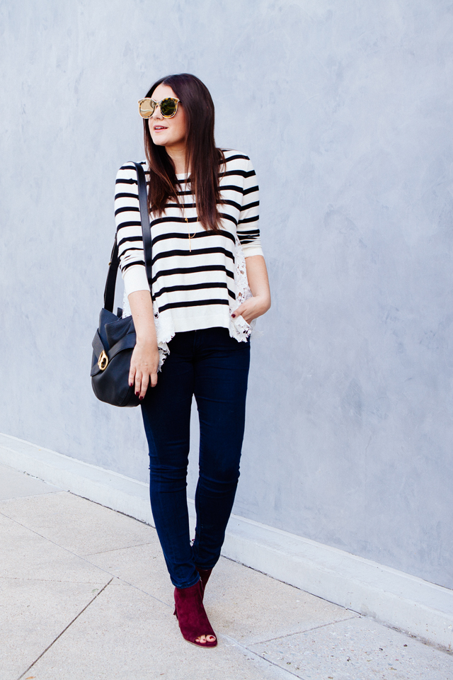 Striped lace sweater with skinny denim and burgundy booties. 