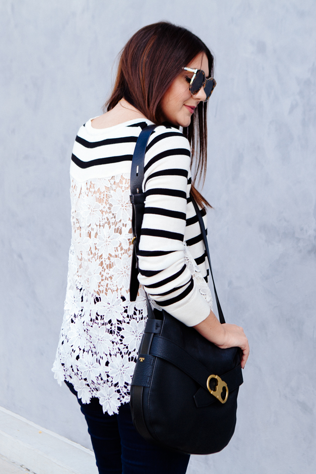 Striped lace sweater with skinny denim and burgundy booties. 