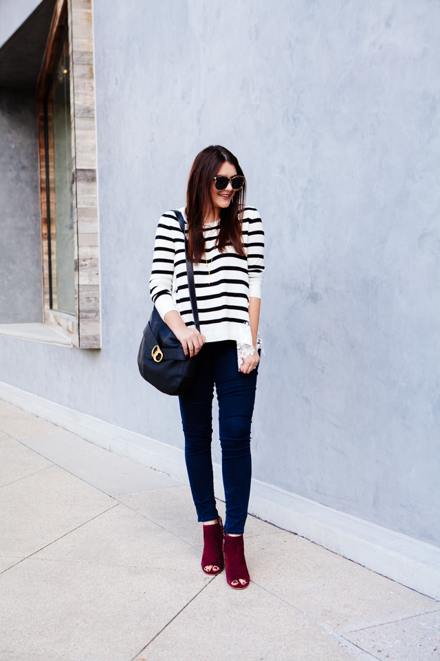 Striped lace sweater with skinny denim and burgundy booties. 