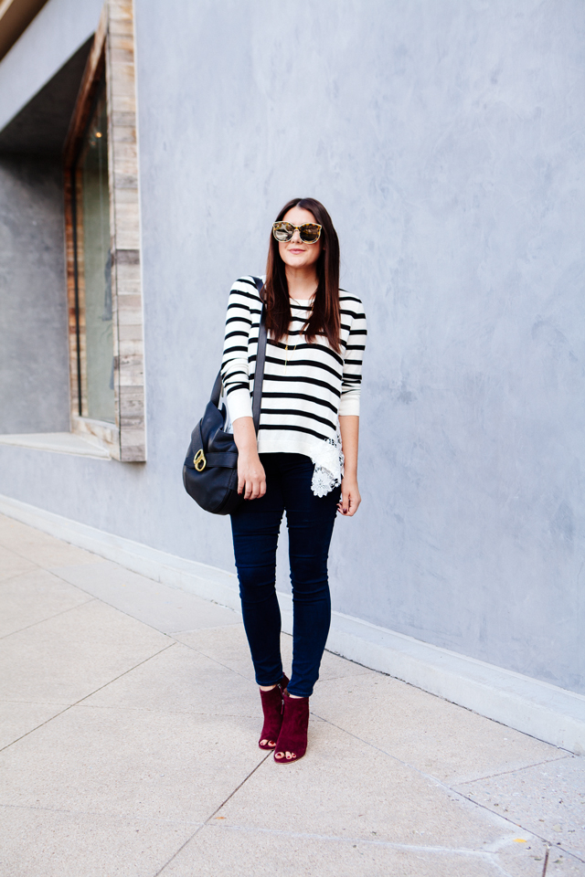 Striped lace sweater with skinny denim and burgundy booties. 