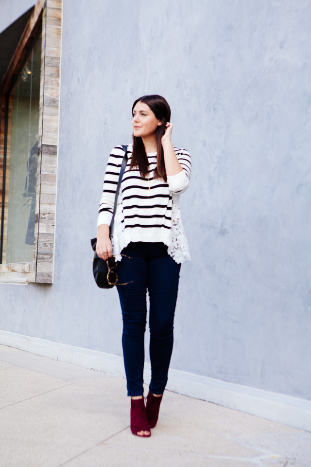 Striped lace sweater with skinny denim and burgundy booties. 